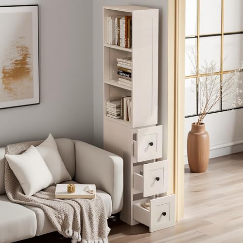 Tall Slim Storage Cabinet with Door, 3 Drawers & 2 Adjustable Shelves, Narrow Bathroom Storage Cabinet, Freestanding Floor Cabinet Organizer for Small Spaces, Bathroom, Kitchen, White - color: White