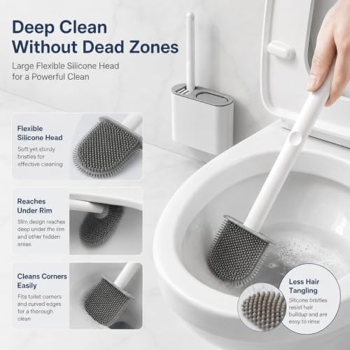 Toilet Brush Set,Bathroom Accessories,Japanese Style No Dead Angle Wall Mounted Holder Compact Bathroom Cleaning Kit for Home, Grey - color: Gray