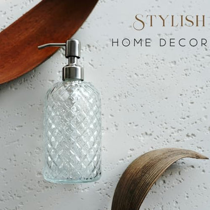 JASAI 18Oz Gem Patterned Clear Glass Soap Dispenser with Rust Proof Pump | Refillable Hand soap Dispenser for Kitchen, Premium Bathroom Soap Dispenser for Dish Soap, Hand soap, Lotion(Clear) - color: Clear