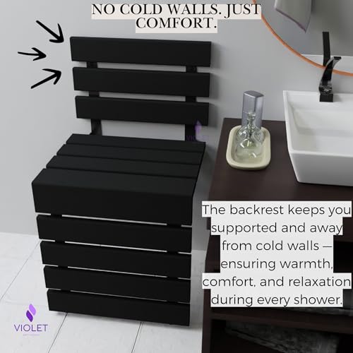 Folding Wall Mounted Teak Wood Shower Seat with Backrest, Water Resistant Foldable Bathroom Stool with Legs, Premium Materials Handmade Shoe Changing Bench, Space Saving and Super Safe Chair (Black) - color: Black