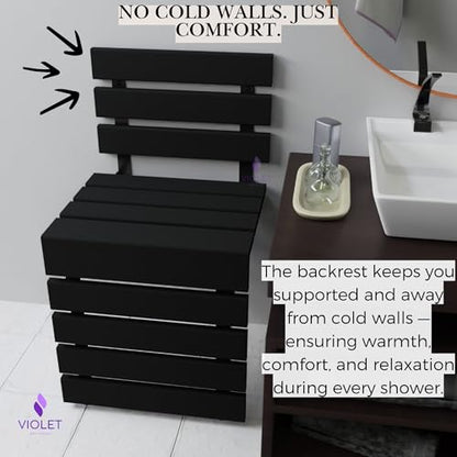 Folding Wall Mounted Teak Wood Shower Seat with Backrest, Water Resistant Foldable Bathroom Stool with Legs, Premium Materials Handmade Shoe Changing Bench, Space Saving and Super Safe Chair (Black) - color: Black