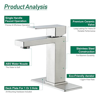 VOTON Brushed Nickel Bathroom Faucets Single Handle Modern Vanity Sink Faucet 1 Hole or 3 Hole with Deck Plate and Water Supply Hoses, Stainless Steel Bathroom Faucet Lead-Free - color: B-Brushed Nickel, style: Without Drain