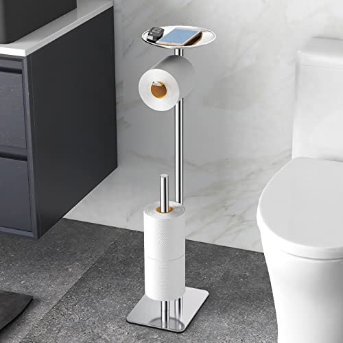 FEILERN Toilet Paper Holder Stand for Bathroom Floor Standing Toilet Roll Dispenser Storages 4 Reserve Rolls, with Top Storage Shelf for Cell Phones, Wipe, Wallet and More(Chrome) - color: Chrome