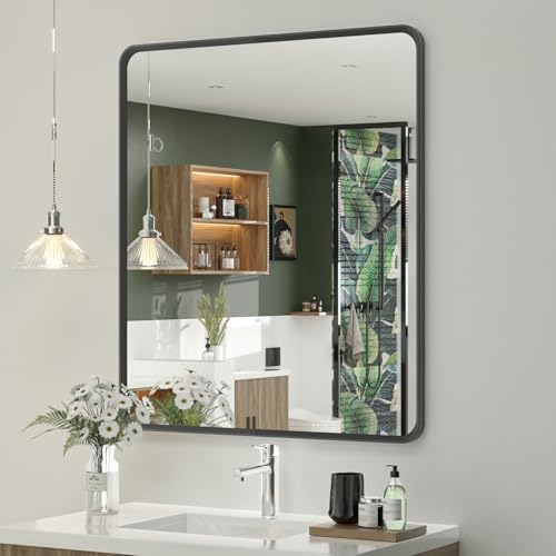 OKPAL 28X32 Inch Black Bathroom Mirror, Bathroom Vanity Mirror for Wall, Black Rectangle Mirror, Round Corner, Rustproof, HD Glass(Horizontal/Vertical) - color: Matte Black, size: 32"L x 28"W