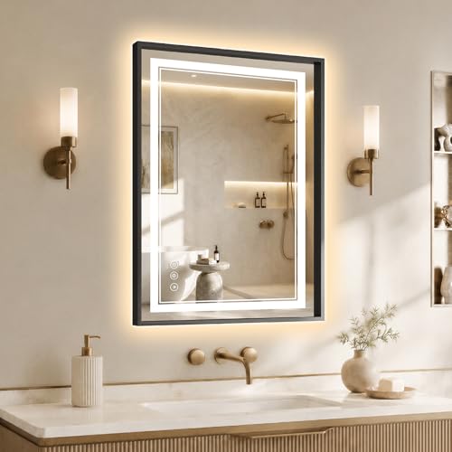24"x36" LED Bathroom Mirror with Lights, Backlit + Front Lit, Anti-Fog, Lighted Bathroom Mirror with One-Piece Aluminum Alloy Frame, HD Shatterproof Tempered Glass, Dimmable, Memory Function - color: Black, size: 36"L x 24"W