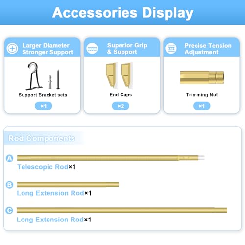41-126 Inch Tension Curtain Rod, Gold | No Drill, Extra Long, Heavy Duty, Renter Friendly Adjustable - color: Gold, size: 41-126inch