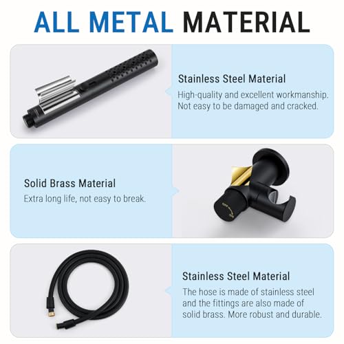 G-Promise All Metal 3-Function Handheld Shower Wand | All Metal, Built to Last, Easy Install, with On/Off Switch Holder, Extra Long Hose, Modern Upgrade - color: Matte Black, style: Round