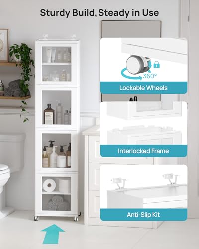 Vtopmart 63.2" Tall Slim Bathroom Storage Cabinet with 4 Adjustable Shelves and 4 Doors, Freestanding Cabinets Organizer with Wheels and Anti-tip for Laundry, Kitchen, Pantry, White