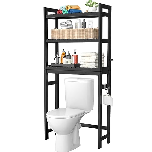 Bamboo Over The Toilet Storage Shelf, 3-Tier Above Toilet Storage Organizer Rack with 3 Hooks, Freestanding Bathroom Tower Shelf Unit for Small Space, No Rust, Easy to Assemble, Black - color: Black