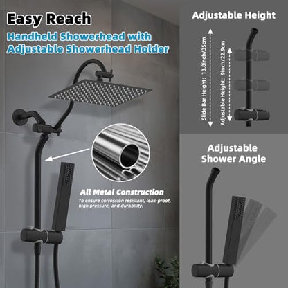 Hibbent 12'' Rainfall Shower Head with 4-mode Handheld Spray, Matte Black | cUPC Certified High Pressure Showerhead Combo, 12'' Adjustable Extension Arm, Extension Bar, Easy Reach Holder, 71'' Hose - color: Matte Black, style: Square 12''