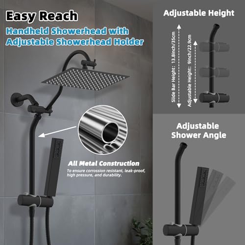 Hibbent 12'' Rainfall Shower Head with 4-mode Handheld Spray, Matte Black | High Pressure Showerhead Combo, 12'' Adjustable Extension Arm, Extension Bar, Easy Reach Holder, 71'' Hose - color: Matte Black, style: Square 12''