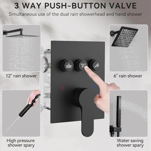 Shower Systems with Rain Shower and Handheld,STARBATH Dual Head 12+6" Rainfall Shower Can Run All Together, Wall Mount Shower Faucet Set with Pressure Balance Valve and Trim Kit, Matte Black - color: Matte Black, size: 6+12 inch-08