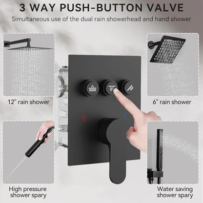 Shower Systems with Rain Shower and Handheld,STARBATH Dual Head 12+6" Rainfall Shower Can Run All Together, Wall Mount Shower Faucet Set with Pressure Balance Valve and Trim Kit, Matte Black - color: Matte Black, size: 6+12 inch-08
