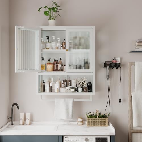 Bathroom Wall Cabinet with 2 Glass Door, Bathroom Medicine Cabinet with Towels Bar and Shelves, Over The Toilet Storage Cabinet, Metal Wall Mounted Cabinet for Kitchen (Upgraded White) - color: Upgraded White