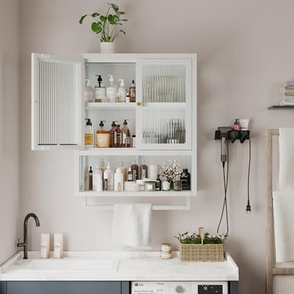 Bathroom Wall Cabinet with 2 Glass Door, Bathroom Medicine Cabinet with Towels Bar and Shelves, Over The Toilet Storage Cabinet, Metal Wall Mounted Cabinet for Kitchen (Upgraded White) - color: Upgraded White