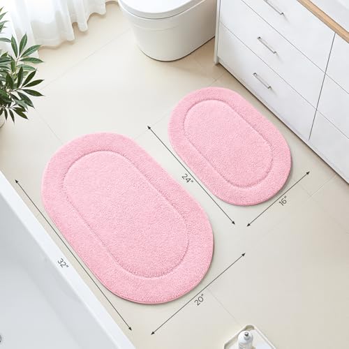 HOMEIDEAS Bathroom Rugs Sets 2 Piece, Soft Bathroom Mats and Absorbent Microfiber Machine Washable Bath Mats for Shower Room, Bathtub, Kitchen (20" x 32" + 16" x 24", Pink) - color: Pink