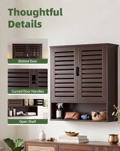 SMIBUY Bathroom Cabinet Wall Mounted, Bamboo Over-The-Toilet Storage Organizer, Space Saver Medicine Cabinet with 2 Door and Adjustable Shelves (Dark Brown) - color: Brown