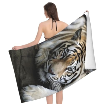 Tiger Lie On Rock Bath Towel Super Absorbent Beach Towels Microfiber Bathroom Towel 32 x 52 Inch - color: Tiger Lie on Rock