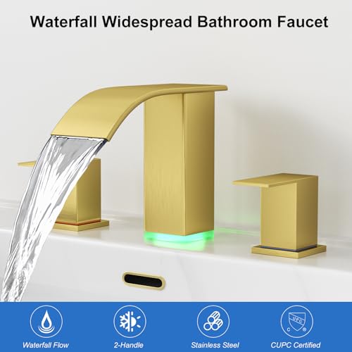 RUMOSE LED Bathroom Faucets Set 3 Hole Vanity Faucet with Pop Up Drain | Brushed Gold Bathroom Sink Faucet, Widespread Waterfall, 3 Colors Light Changing, Stainless Steel, Deck Mounted - color: Brushed Gold
