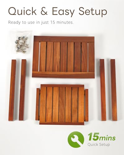 Upolana Teak Shower Bench, 16" Solid Acacia Wood Shower Stool Waterproof Shower Seat with Storage Shelf for Bathroom, Indoor & Outdoor Use