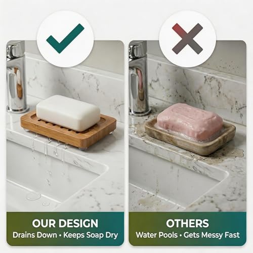 Bamboo Soap Dish with Drainage, 2 Pack Slotted Self Draining Bar Soap Holder, Acacia Finish for Shower, Bathroom Sink & Kitchen Countertop - color: Acacia Brown
