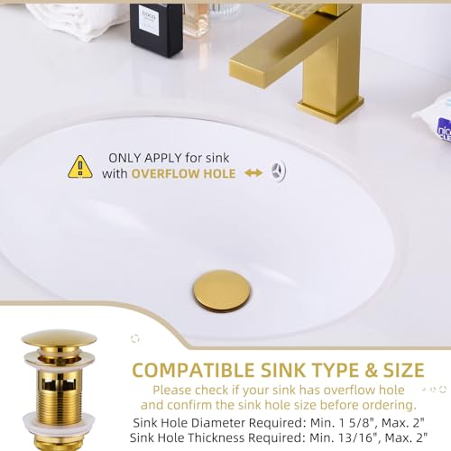 Angle Simple Bathroom Sink Drain Stopper, Pop Up Design, Polished Deep Gold | Brass Stopper with Stainless Steel Tailpiece, Only for Sink with Overflow Hole, Fit 1.61 to 2 Inches Diameter of Drain Hole - color: Deep Titanium Gold