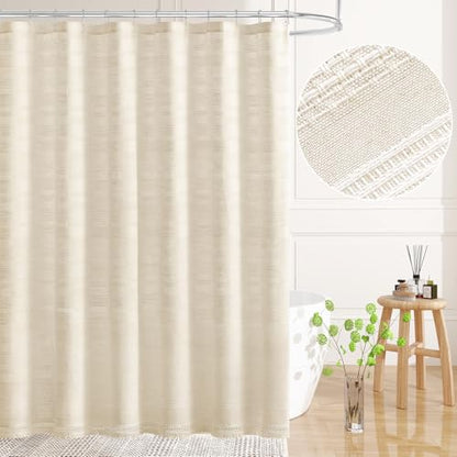 Extra Long Boho Farmhouse Shower Curtain with Tassel, Linen Bohemian French Country Chic Bathroom Shower Curtain Set, Modern Striped Textured Shower Curtain 72x84 - Beige/Cream - color: Beige, size: 72"W x 84"L (Pack of 1)