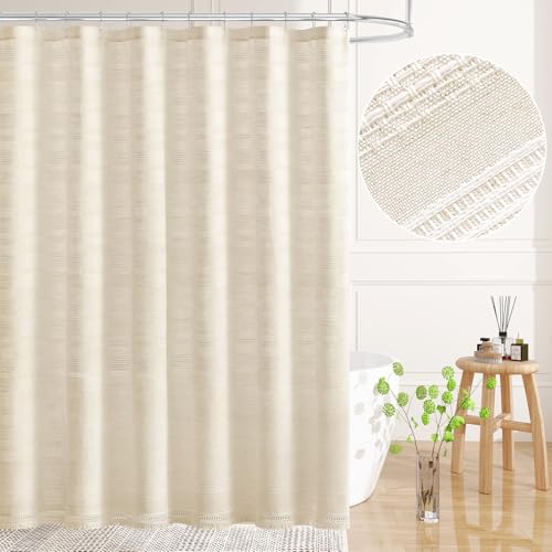 Boho Farmhouse Shower Curtain Set with Tassel, Linen Bohemian French Country Chic Bathroom Shower Curtain Set, Modern Striped Textured Shower Curtain 72x72 - Beige/Cream - color: Beige, size: 72"W x 72"L (Pack of 1)