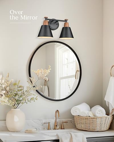 FEMILA Modern 2 Light Bathroom Vanity Lights, Industrial Bathroom Light Fixtures Over Mirror, Black Vanity Lighting Fixtures, Woodgrain Finish, 4FG59B-2W BK-NW - color: Matte Black & New Woodgrain, size: 15"