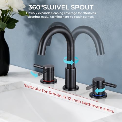 FGKQ 3-Hole 2-Handle Widespread Bathroom Sink Faucet, Oil Rubbed Bronze | Stainless steel, pop-up drain included, 360°swivel spout, for vanity sink 3-hole mount, 8-in widespread - color: Oil Rubbed Bronze
