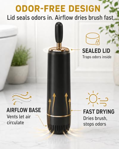 Toilet Brush Set, Dense Nylon Bristles, Wall Mount, Non-Scratch, Black Gold | 16.5" Handle,Splash-Proof,Odor-Locking Lid ,Ventilated Base,Hideaway Brush Head,Thick ABS,2 Adhesive - color: Black Gold
