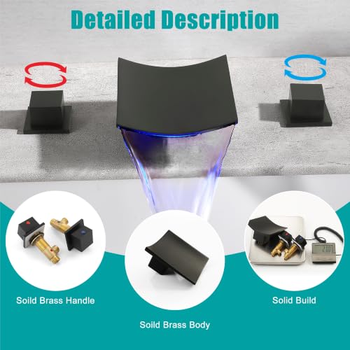 SKOWLL Bathroom Sink Faucet 3 Hole Black, Large Waterfall Spout with LED, Widespread Bathroom Faucets 3 Hole, Unique Look - color: Matte Black