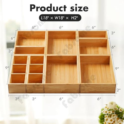 Fabsome Drawer Organizer, Set of 9 Bamboo Wood Kitchen Makeup Desk Junk Tea Drawer Storage Boxes Bins for Cutlery Silverware Utensils Flatware, Small Wooden Container Tray for Bathroom, Office - size: 2''H 9 Boxes