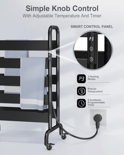 Freestanding Heated Towel Rack 10-Bar with Double Layer & Wheels | 400W Fast Heating Towel Warmer with 110–170°F Temperature Control, Timer & Auto Shut-Off, Matte Black Space Aluminum