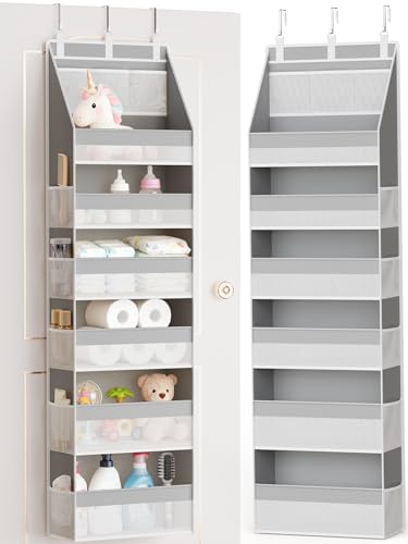 Over The Door Organizer, Heavy-Duty 6-Shelf Hanging Storage with 13 Mesh Pockets, 55lbs Capacity Behind The Door Storage for Nursery, Bathroom, Bedroom, and Dorm, Grey - color: Grey, size: 1 PACK