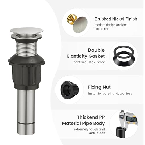 Bathroom Sink Drain Without Overflow, Brushed Nickel Bathroom Sink Stopper for Vanity Vessel Sink, Rapid Draining Stainless Steel Pop Up Drain with Hair Catcher Anti-Clog Strainer - color: Brushed Nickel