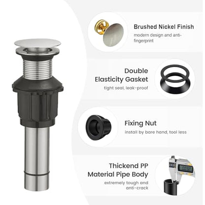 Bathroom Sink Drain Without Overflow, Brushed Nickel Bathroom Sink Stopper for Vanity Vessel Sink, Rapid Draining Stainless Steel Pop Up Drain with Hair Catcher Anti-Clog Strainer - color: Brushed Nickel