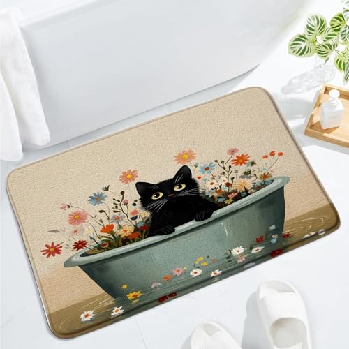 Cat Bath Mat, 17.7x29.5 Inch | Cute Kitten in Bathtub, Colorful Wildflowers Floral, Modern Aesthetic Art, Foam Bathroom Rug Floor Carpet - size: 1'6" x 2'6" (Rectangular)
