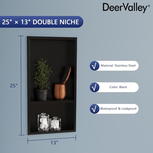 DeerValley Stainless Steel No Tile Needed Shower Niche for Bathroom Storage ，Recessed Wall Niche,Double Shelves(Matte Black, 12 * 24 in)