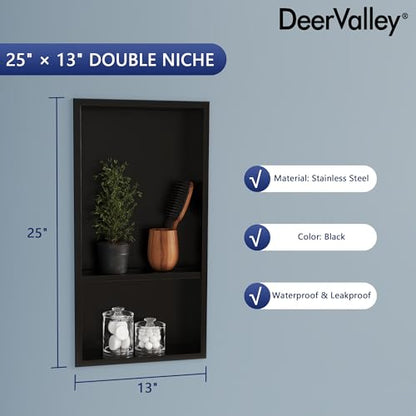 DeerValley Stainless Steel No Tile Needed Shower Niche for Bathroom Storage ，Recessed Wall Niche,Double Shelves(Matte Black, 12 * 24 in)