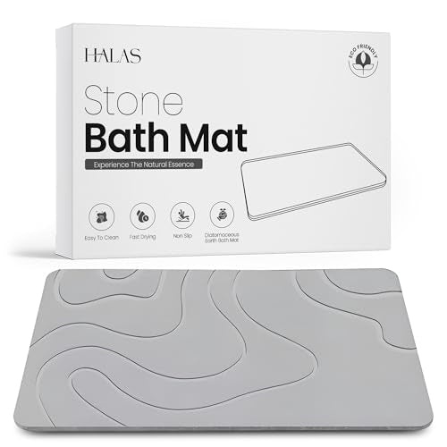 HALAS Stone Bath Mat- Diatomaceous Earth Bath Mats for Bathroom- Diatomite Bath Mat Stone Drying Mat for Kitchen Counter- Super Absorbent/Quick Dry Bathmat- Easy to Clean (24”x16” Grey)