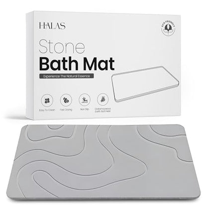 HALAS Stone Bath Mat- Diatomaceous Earth Bath Mats for Bathroom- Diatomite Bath Mat Stone Drying Mat for Kitchen Counter- Super Absorbent/Quick Dry Bathmat- Easy to Clean (24”x16” Grey)