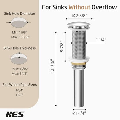 KES Polished Chrome Bathroom Sink Drain with Extended Thread, All Metal Pop Up Drain Stopper without Overflow for Thicker Vessel Sinks and Countertops, Brass and Stainless Steel, S2022D-CH - color: Polished Chrome, style: NO Overflow, Long Thread