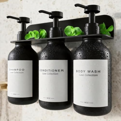 Refillable Shampoo and Conditioner Dispenser Set of 3 - Wall Mounted No Drill Pump with Bottles, 3 Chamber for Shower Soap and Body Wash Dispensers with Labels, Matte Black Bottle for Bathroom (16oz)