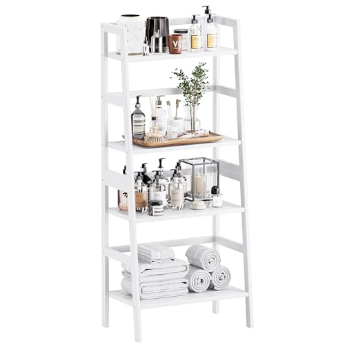 HITNET White Ladder Bookshelf, Leaning Bookcase, 4-Tier Bamboo Shelf, Floor Standing Storage Shelving Unit, Open Display Book Shelves - color: White