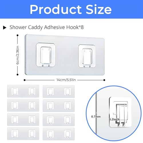 Shower Caddy Adhesive Replacement Hooks, Heavy Duty Waterproof Strips, No Drilling for Bathroom Shelves, Kitchen Racks, and Soap Holders (Transparent-8Pack 2Hook) - color: Transparent-8Pack 2Hook