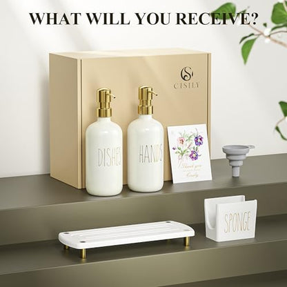 Cisily Kitchen Soap Dispenser Set Comes with Ceramics Sponge Holder, Gold Pumps, and Instant Dry Tray, Hand and Dish Soap Dispenser Set (4, Gold + Off White + Sponge Holder) - color: Gold + Off White + Sponge Holder