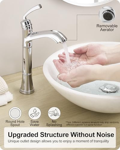 Tall Vessel Sink Faucet, Brass Bathroom Vessel Faucet, One Hole, Single Handle with Pop-Up Drain & Supply Water Hoses, No Leaks, Chrome - color: Chrome