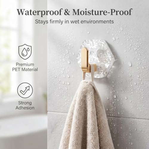 Water Ripple Hexagonal Self Adhesive Hooks, Self-Adhesive Hooks 10Pack Hexagonal Ripple Design, Drill Bathroom Kitchen Wall Hooks for Towels, Keys & Home Decor