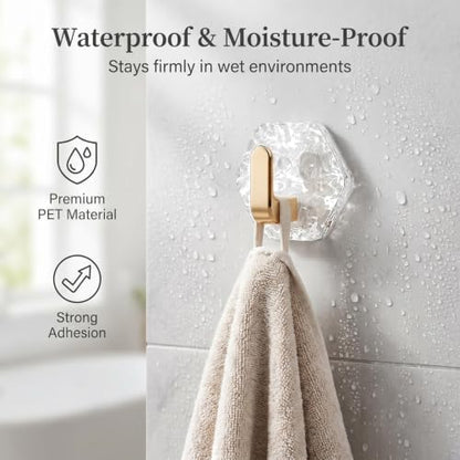 Water Ripple Hexagonal Self Adhesive Hooks, Self-Adhesive Hooks 10Pack Hexagonal Ripple Design, Drill Bathroom Kitchen Wall Hooks for Towels, Keys & Home Decor